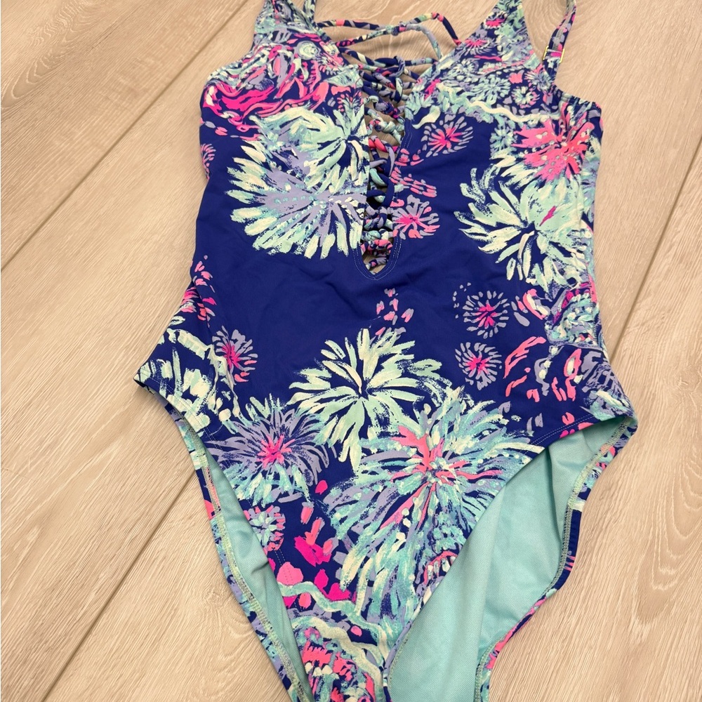 Lilly Pulitzer Blue and Pink One Piece Swimsuit Floral Design